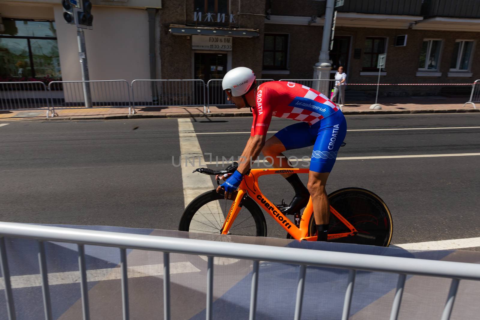 MINSK, BELARUS - JUNE 25, 2019: Cyclist from Croatia Barac participates in Men Split Start Individual Race at the 2nd European Games event June 25, 2019 in Minsk, Belarus