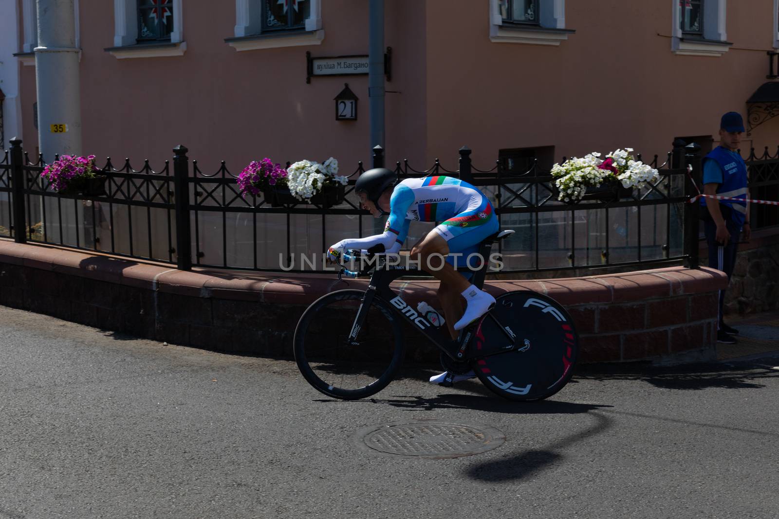 MINSK, BELARUS - JUNE 25, 2019: Cyclist from Azerbaijan participates in Men Split Start Individual Race at the 2nd European Games event June 25, 2019 in Minsk, Belarus