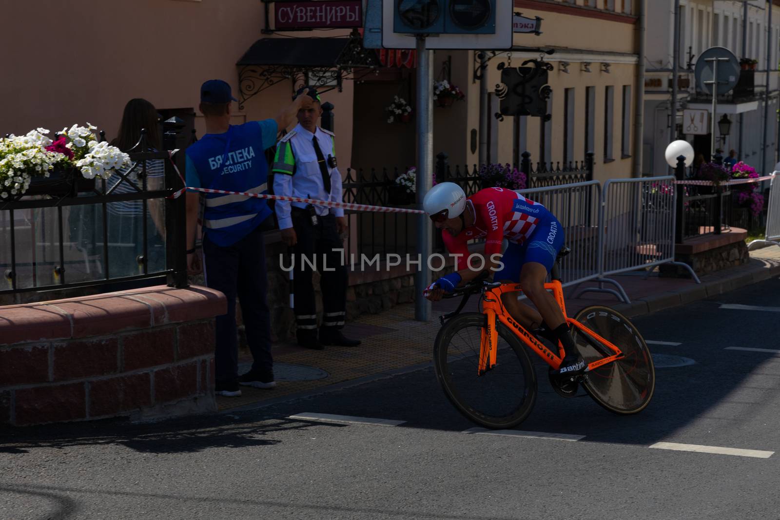 MINSK, BELARUS - JUNE 25, 2019: Cyclist from Croatia Barac participates in Men Split Start Individual Race at the 2nd European Games event June 25, 2019 in Minsk, Belarus