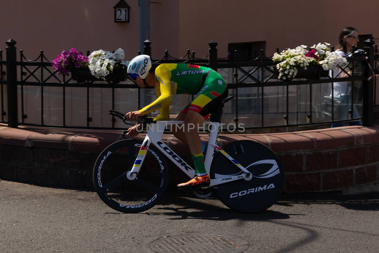 MINSK, BELARUS - JUNE 25, 2019: Cyclist from Lithuania Navardauskas participates in Men Split Start Individual Race at the 2nd European Games event June 25, 2019 in Minsk, Belarus