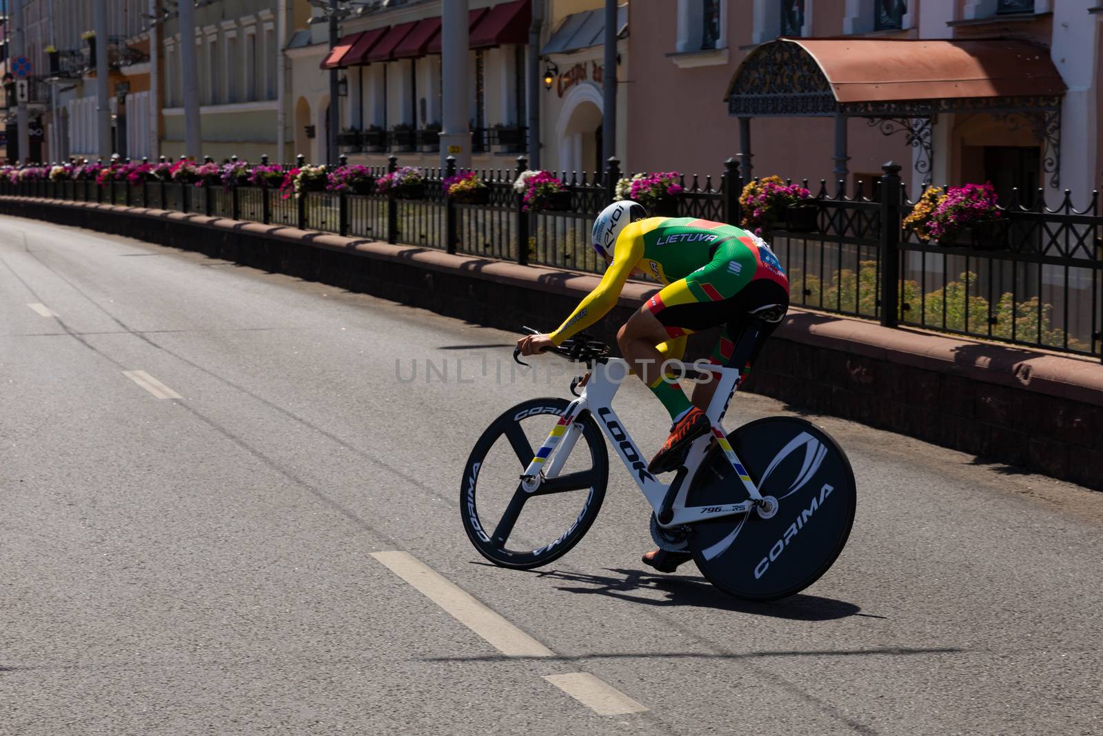 MINSK, BELARUS - JUNE 25, 2019: Cyclist from Lithuania Navardauskas participates in Men Split Start Individual Race at the 2nd European Games event June 25, 2019 in Minsk, Belarus