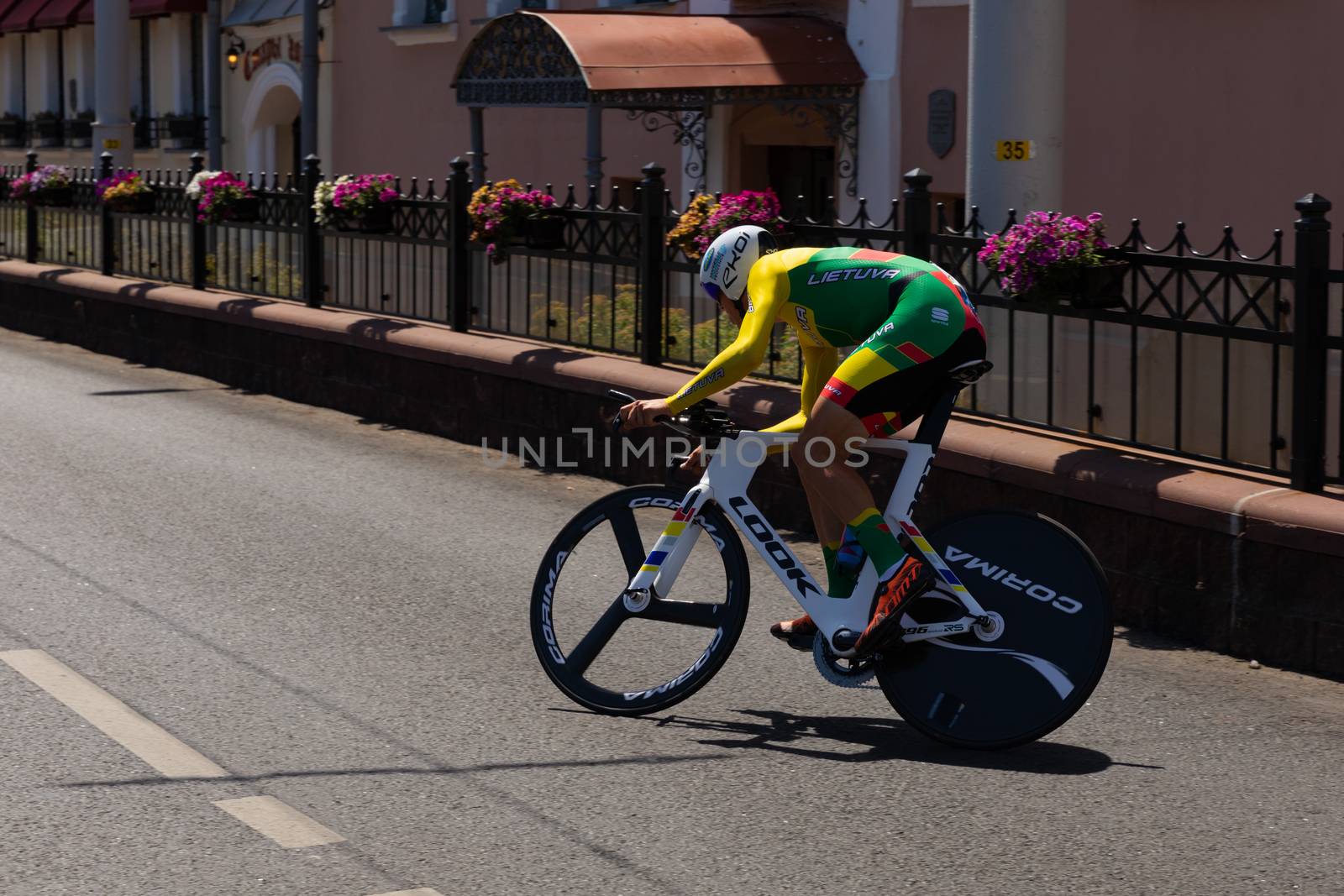 MINSK, BELARUS - JUNE 25, 2019: Cyclist from Lithuania Navardauskas participates in Men Split Start Individual Race at the 2nd European Games event June 25, 2019 in Minsk, Belarus