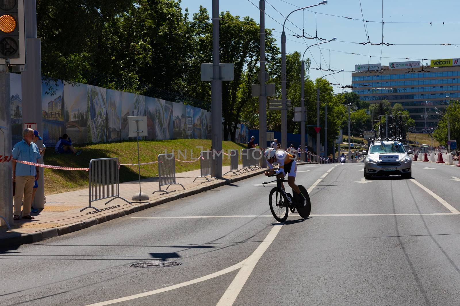 MINSK, BELARUS - JUNE 25, 2019: Cyclist from Cyprus Matsangos participates in Men Split Start Individual Race at the 2nd European Games event June 25, 2019 in Minsk, Belarus