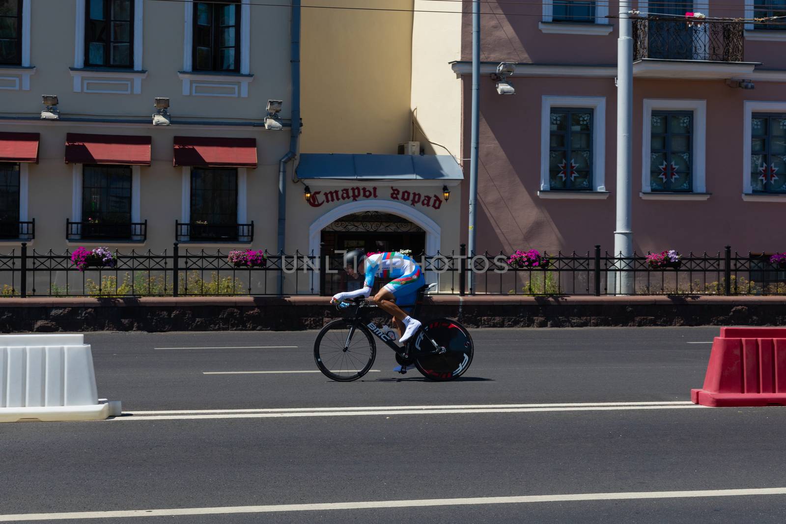 MINSK, BELARUS - JUNE 25, 2019: Cyclist from Azerbaijan participates in Men Split Start Individual Race at the 2nd European Games event June 25, 2019 in Minsk, Belarus