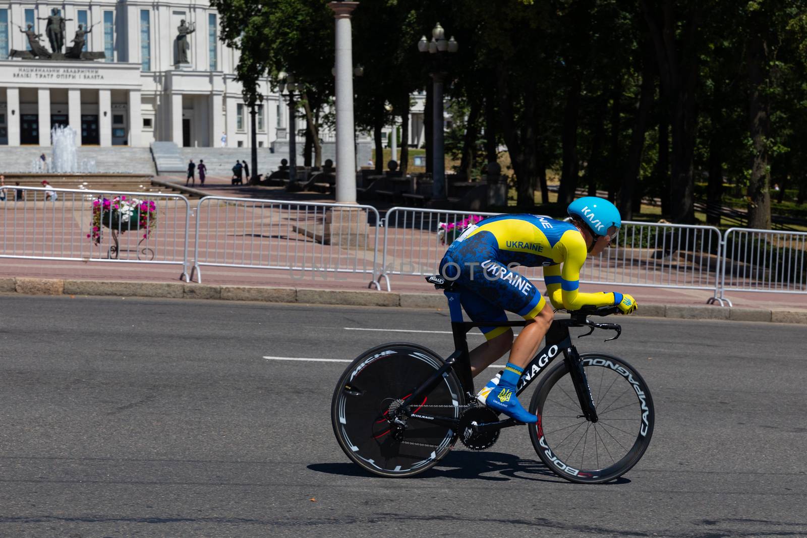 MINSK, BELARUS - JUNE 25, 2019: Cyclist from Ukraine on Colnago bike participates in Men Split Start Individual Race at the 2nd European Games event June 25, 2019 in Minsk, Belarus