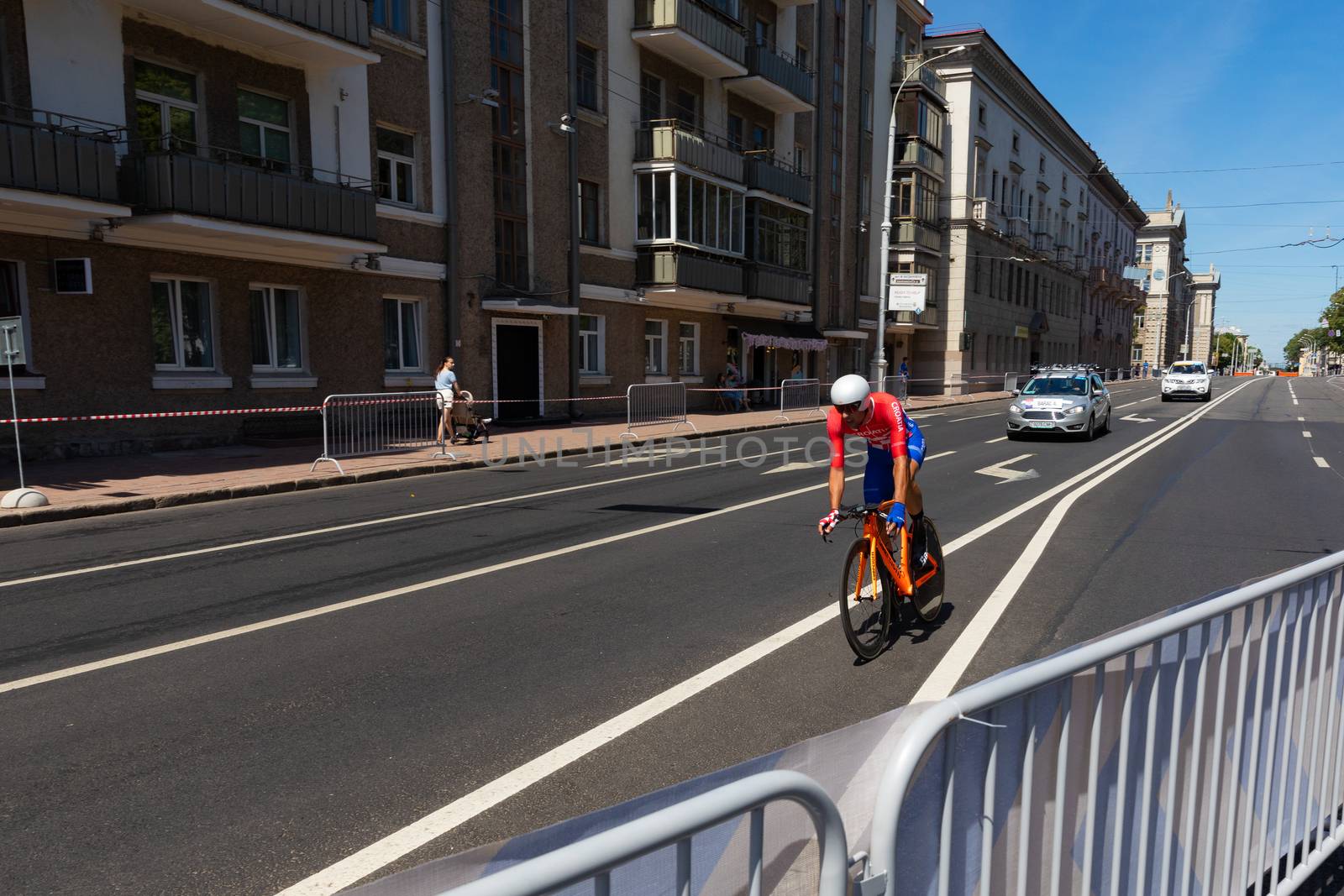 MINSK, BELARUS - JUNE 25, 2019: Cyclist from Croatia Barac participates in Men Split Start Individual Race at the 2nd European Games event June 25, 2019 in Minsk, Belarus