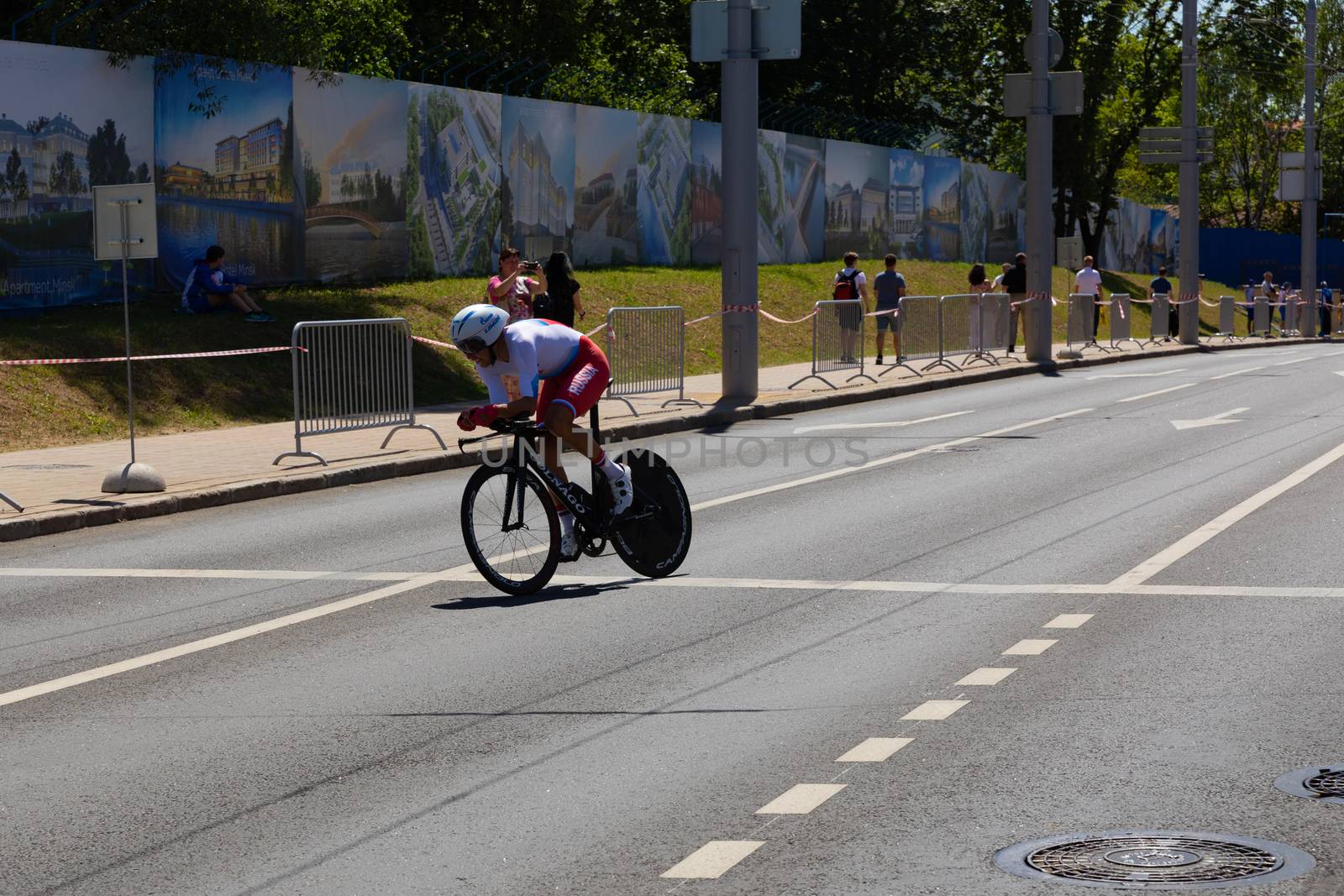 MINSK, BELARUS - JUNE 25, 2019: Cyclist from Russia participates in Men Split Start Individual Race at the 2nd European Games event June 25, 2019 in Minsk, Belarus