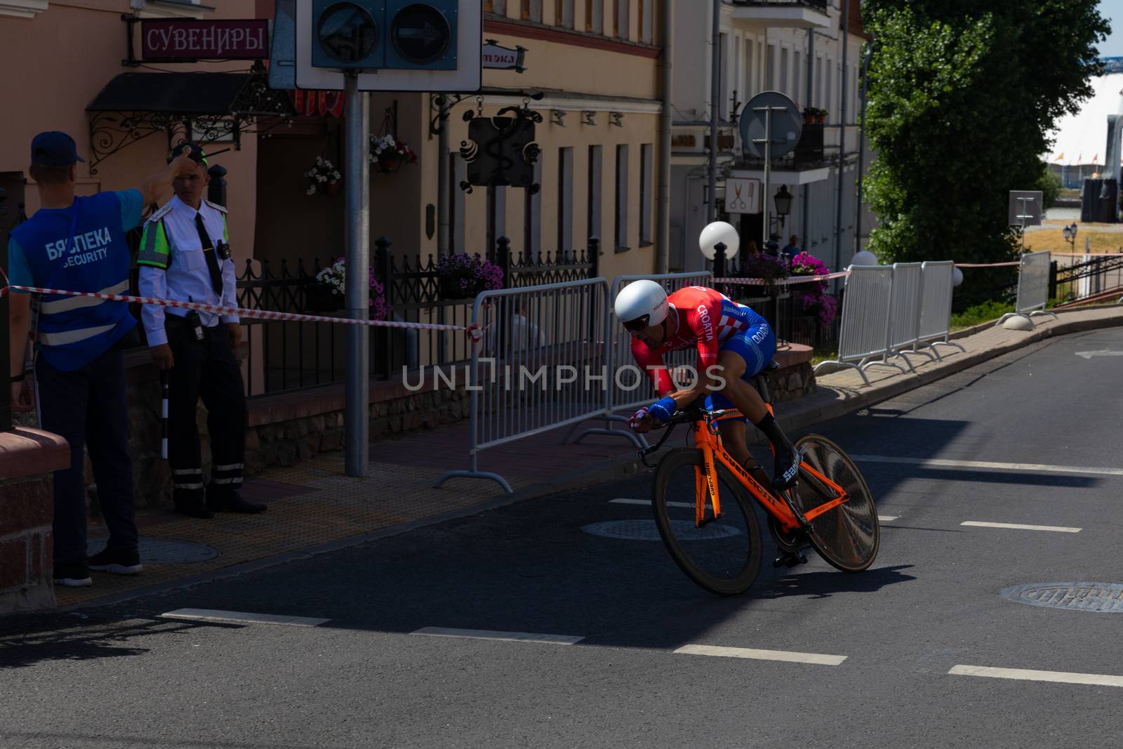 MINSK, BELARUS - JUNE 25, 2019: Cyclist from Croatia Barac participates in Men Split Start Individual Race at the 2nd European Games event June 25, 2019 in Minsk, Belarus by tema_rebel