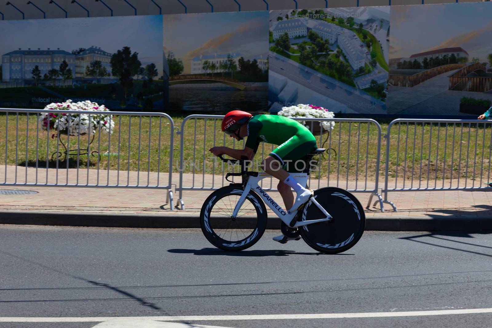 MINSK, BELARUS - JUNE 25, 2019: Cyclist from Ireland O'loughlin on Pinarello bike participates in Men Split Start Individual Race at the 2nd European Games event June 25, 2019 in Minsk, Belarus