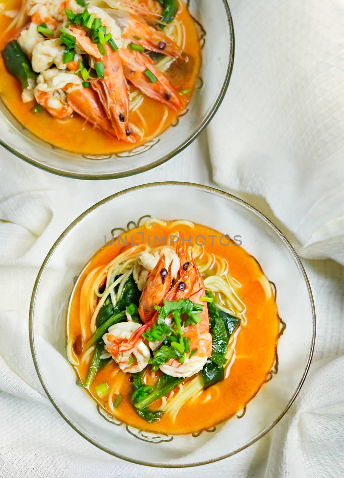 top view of seafood ramen , hot and spicy