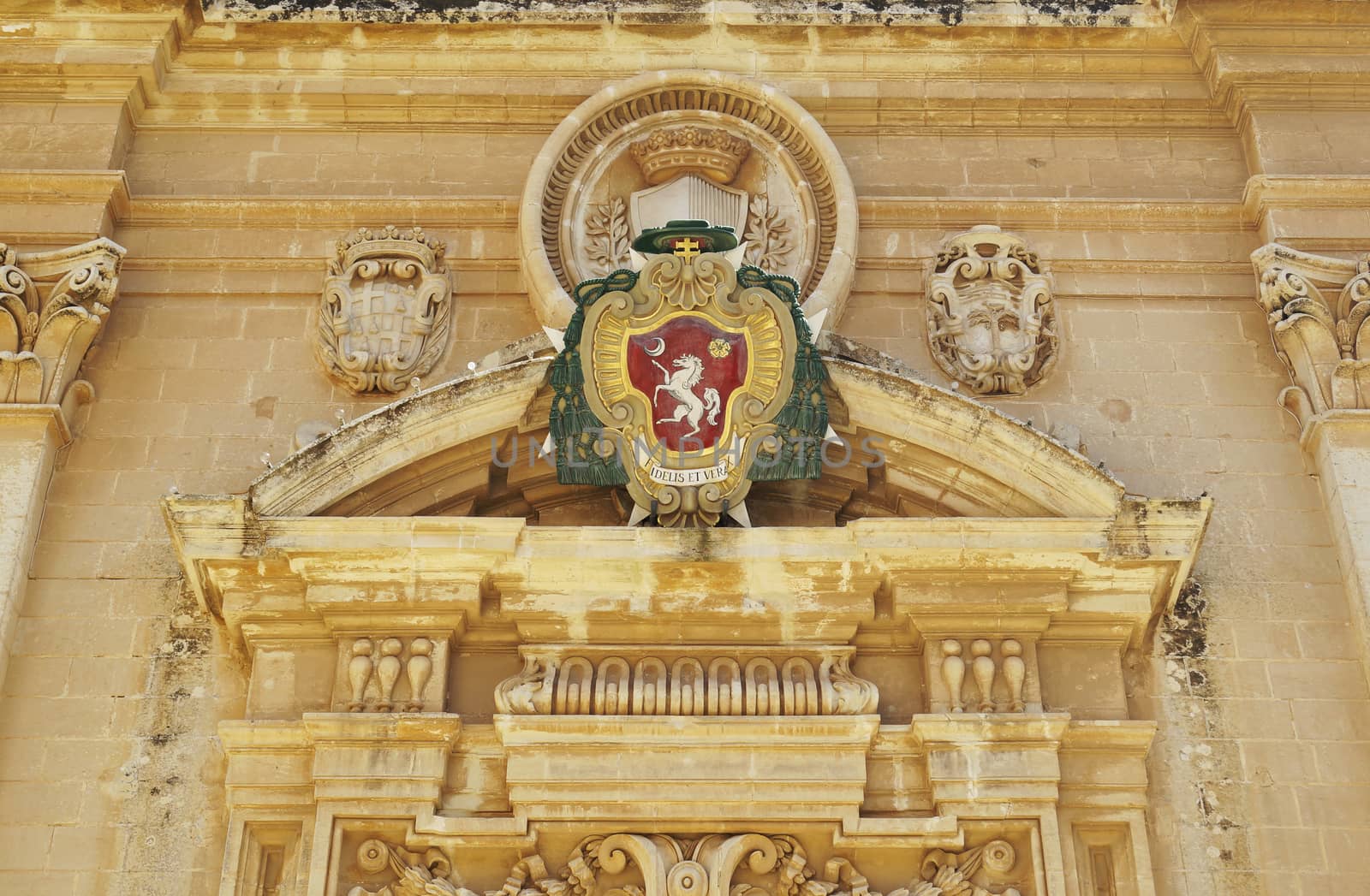 Details over the front door of the Metropolitan Cathedral of Saint Paul in Mdina, Malta