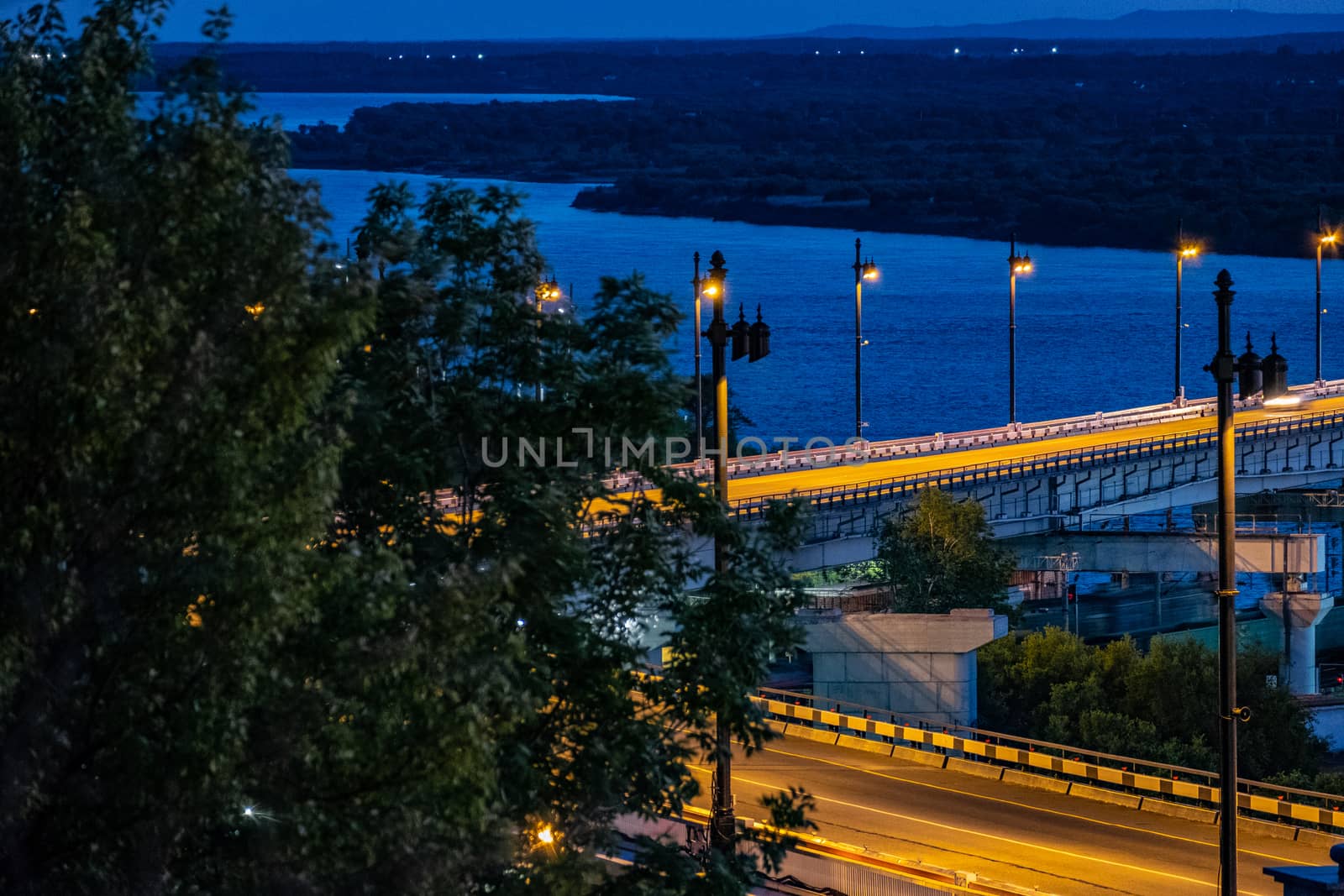 Bridge over the Amur river in Khabarovsk, Russia. Night photography.