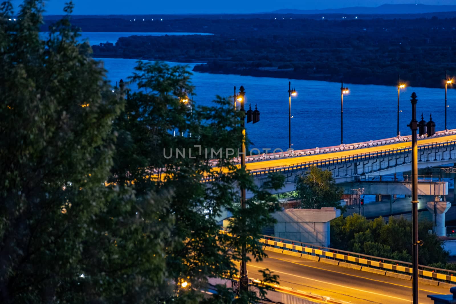 Bridge over the Amur river in Khabarovsk, Russia. Night photography.