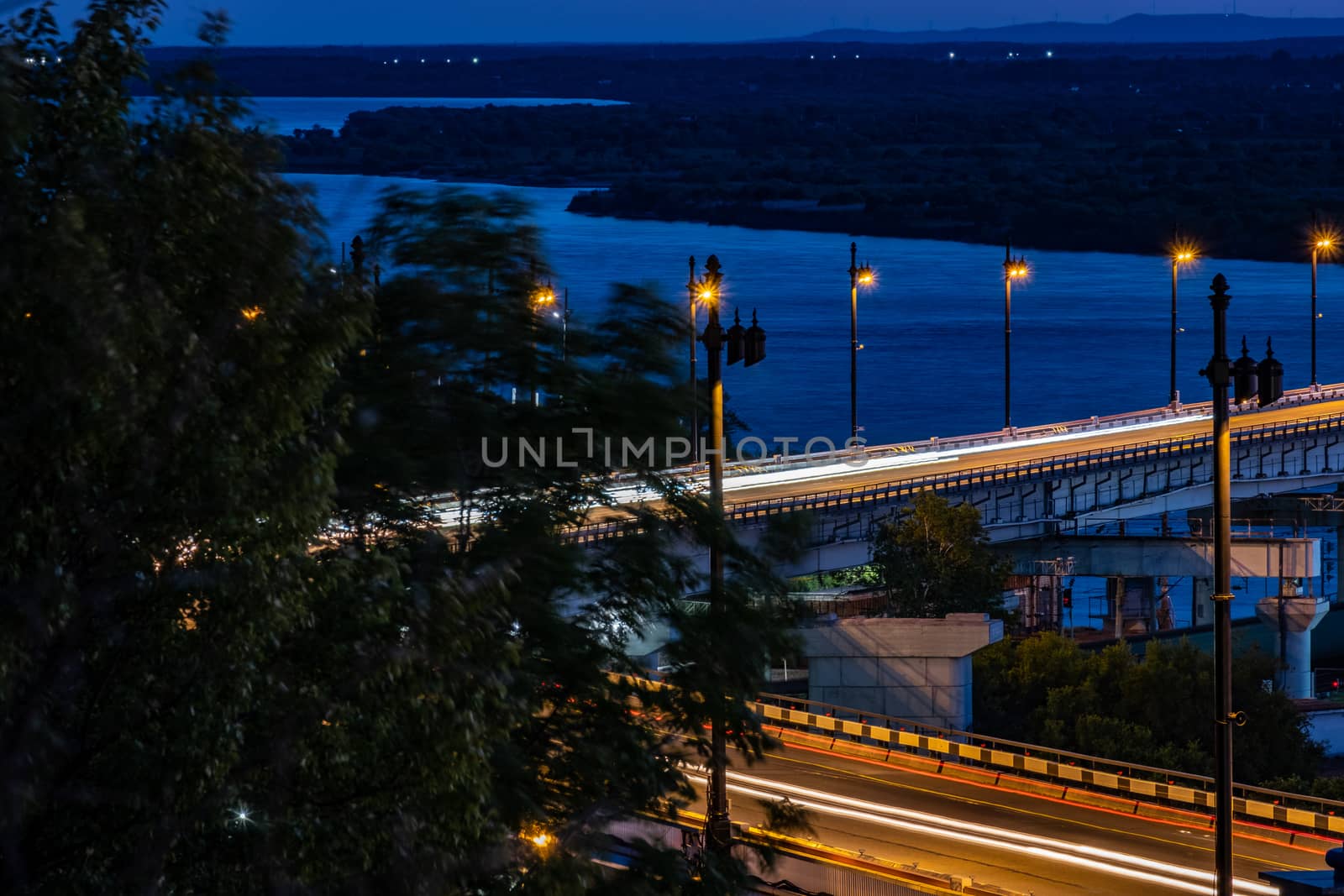 Bridge over the Amur river in Khabarovsk, Russia. Night photography.