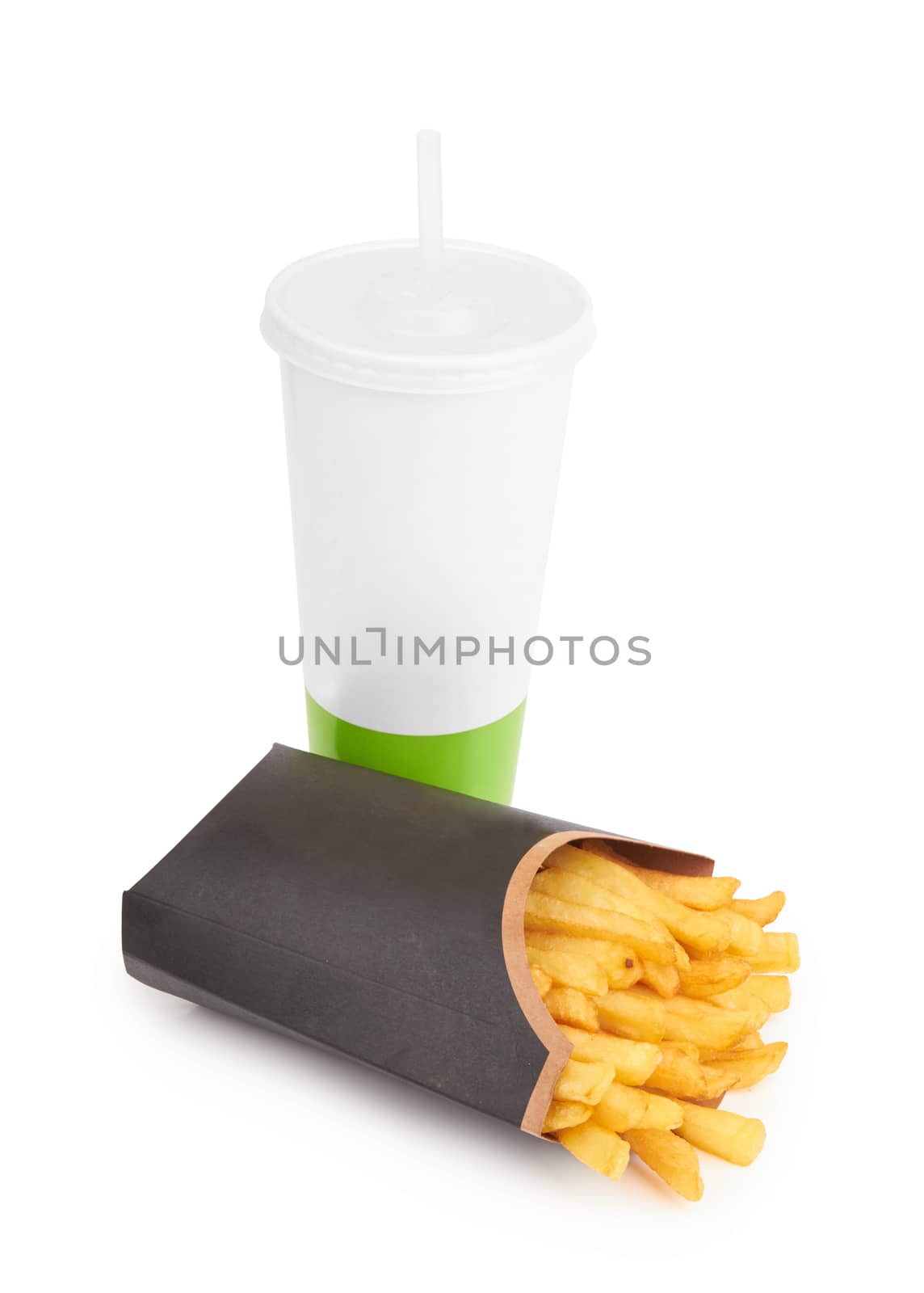 French fries in a black carton box isolated on white