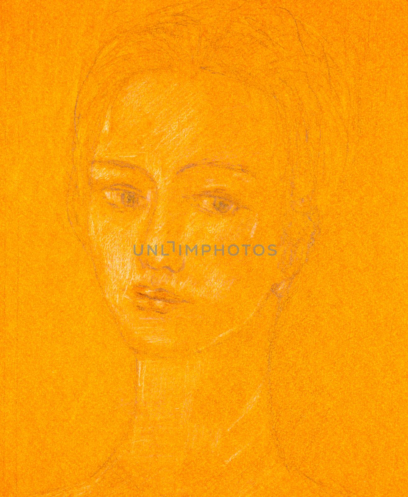 Pencil sketch on orange colored paper of a young woman’s portrait.