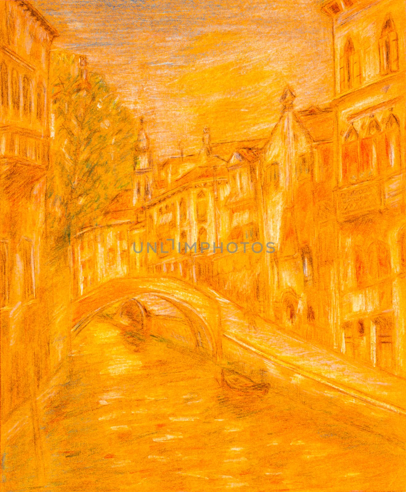 Pencil sketch of Venice city scene on orange colored paper.