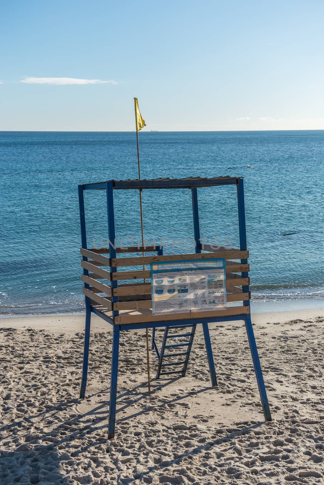 Odessa, Ukraine - 12.27.2018. Rescue tower on the beach on a winter day