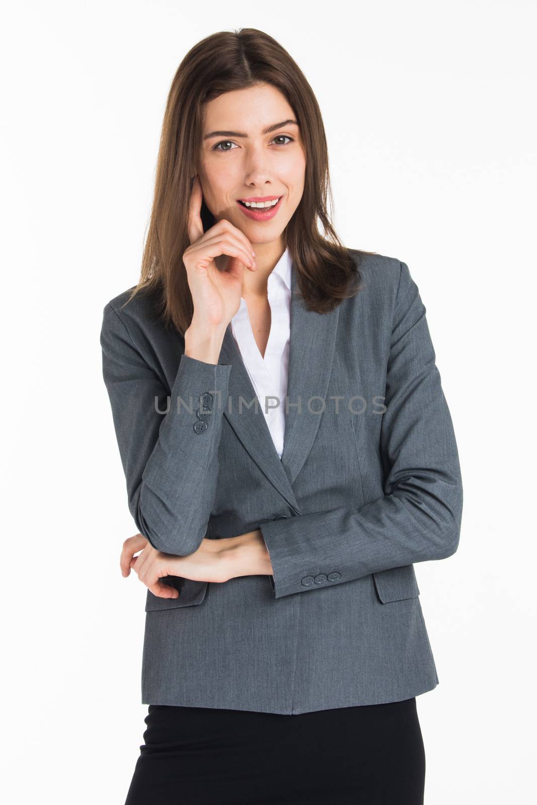 Portrait of business woman in formal suit touching chin thinking over serious decision. isolated on white background