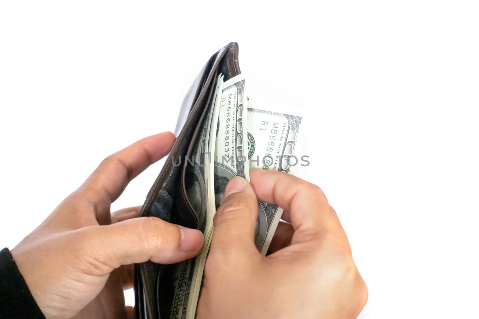 woman taking out money dollar banknotes from wallet