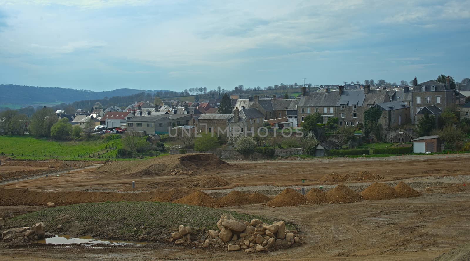 View from hill on small town Surdeval in Normandy France