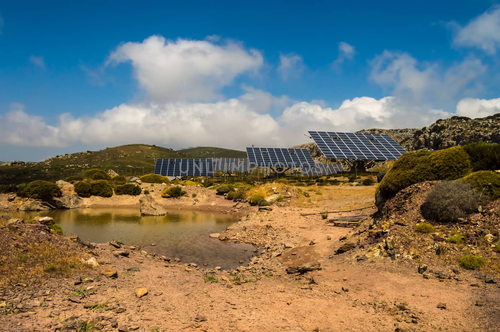 Solar farm in the mountains of Crete island in Greece