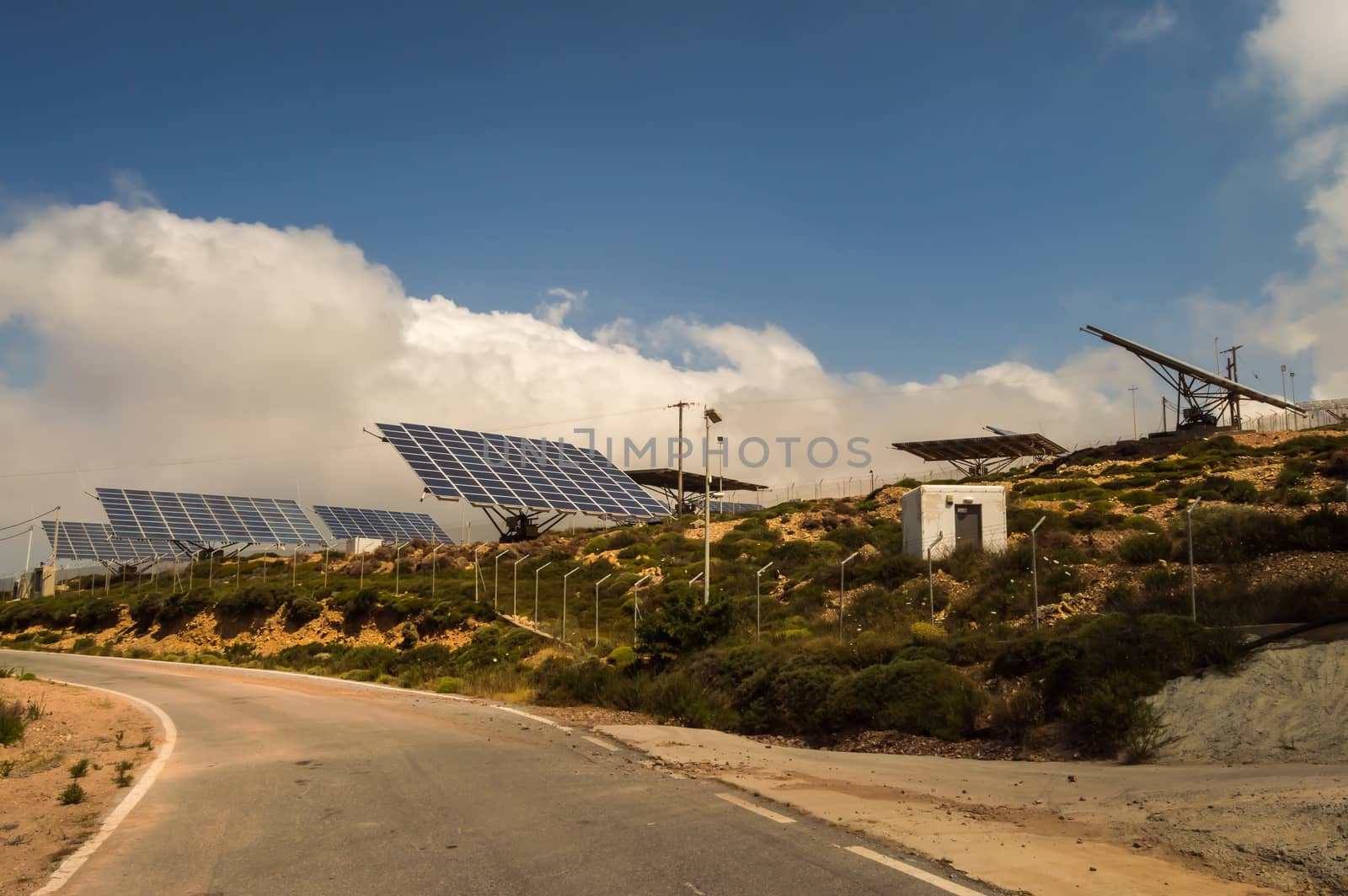 Solar farm in the mountains of Crete island in Greece