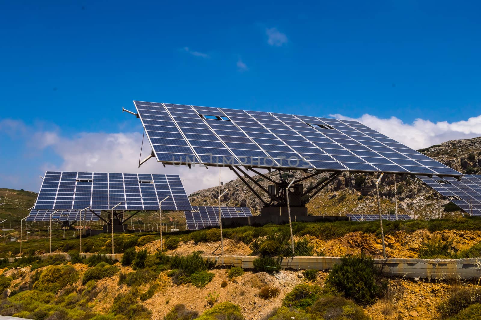 Solar farm in the mountains of Crete island in Greece