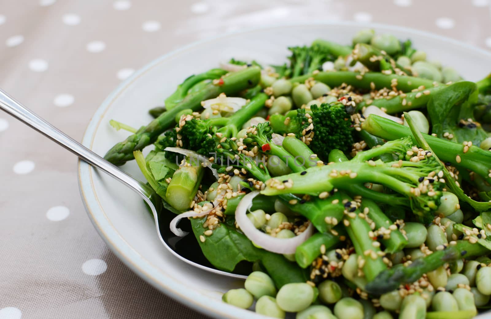 Serving spoon in a spring salad of broccolini and beans by sarahdoow
