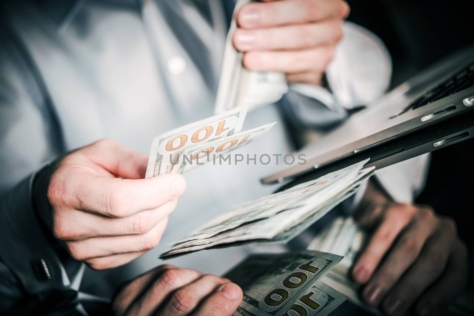 Businessman Counting Cash Money. United States Dollars. Office Worker Salary.