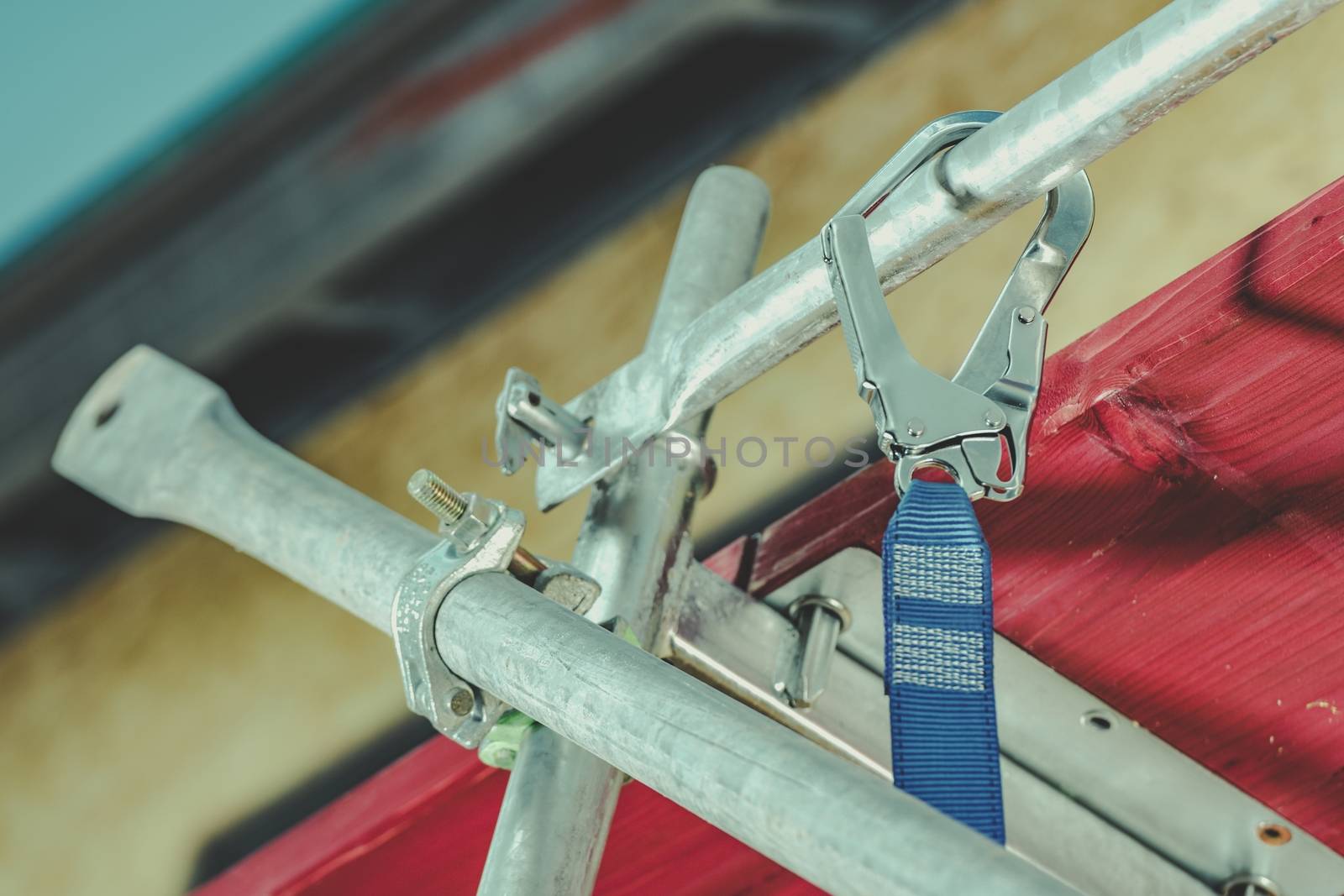 Safety Harness While Working on a Scaffolding. Conceptual Photo. Construction Industry Safety.