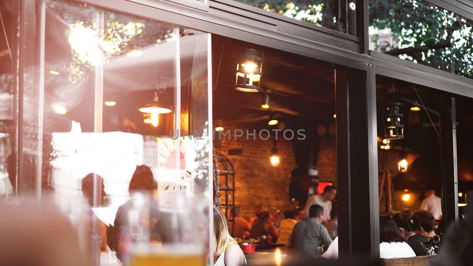 Closeup of European cafe. Outdoor restaurant in summer evening in Lviv, Ukraine by natali_brill
