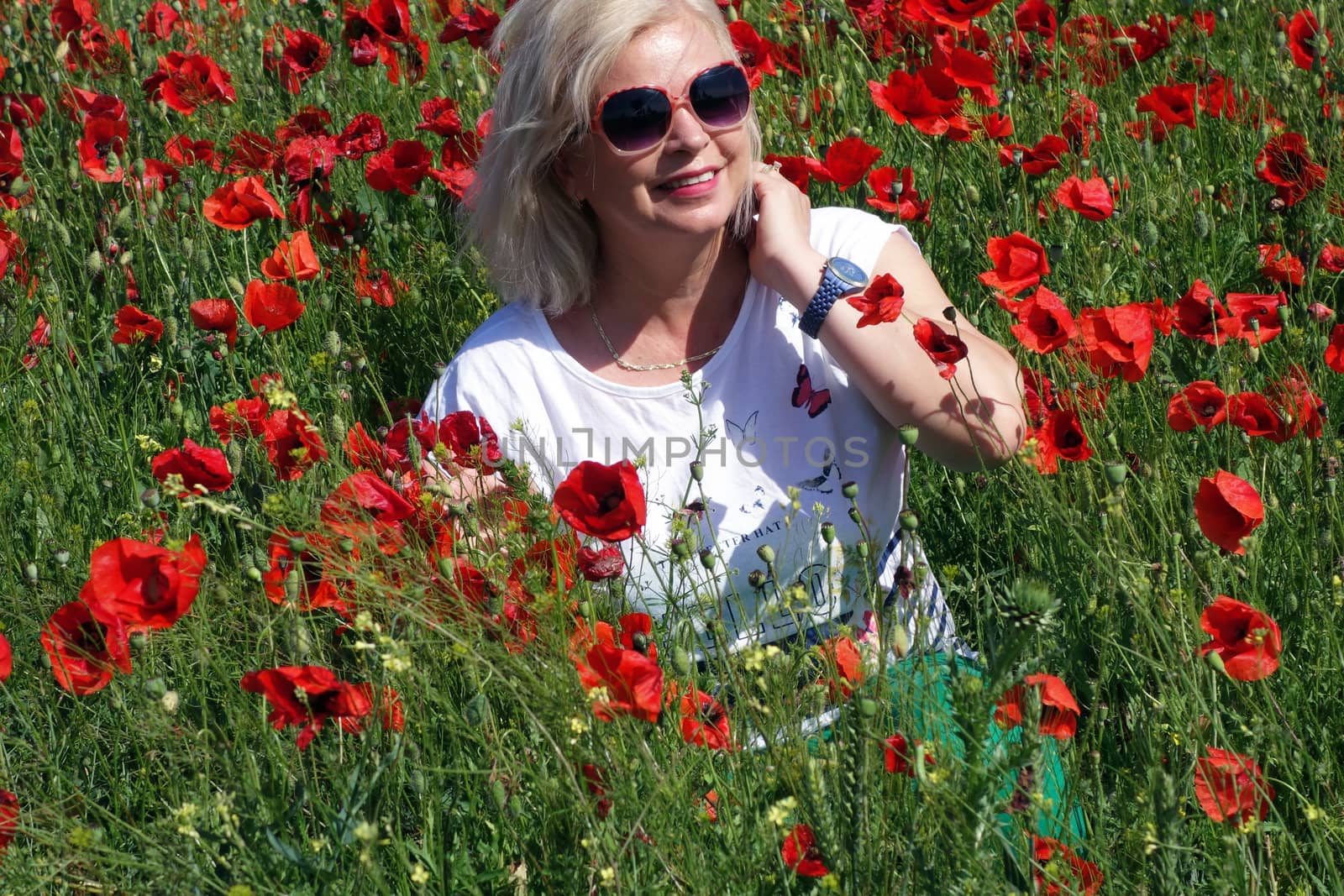 The Romanian Plain at the beginning of the summer.
Carpets poppy cover the wheat fields
A woman stopped to enjoy the image of the poppy in the fields of green wheat