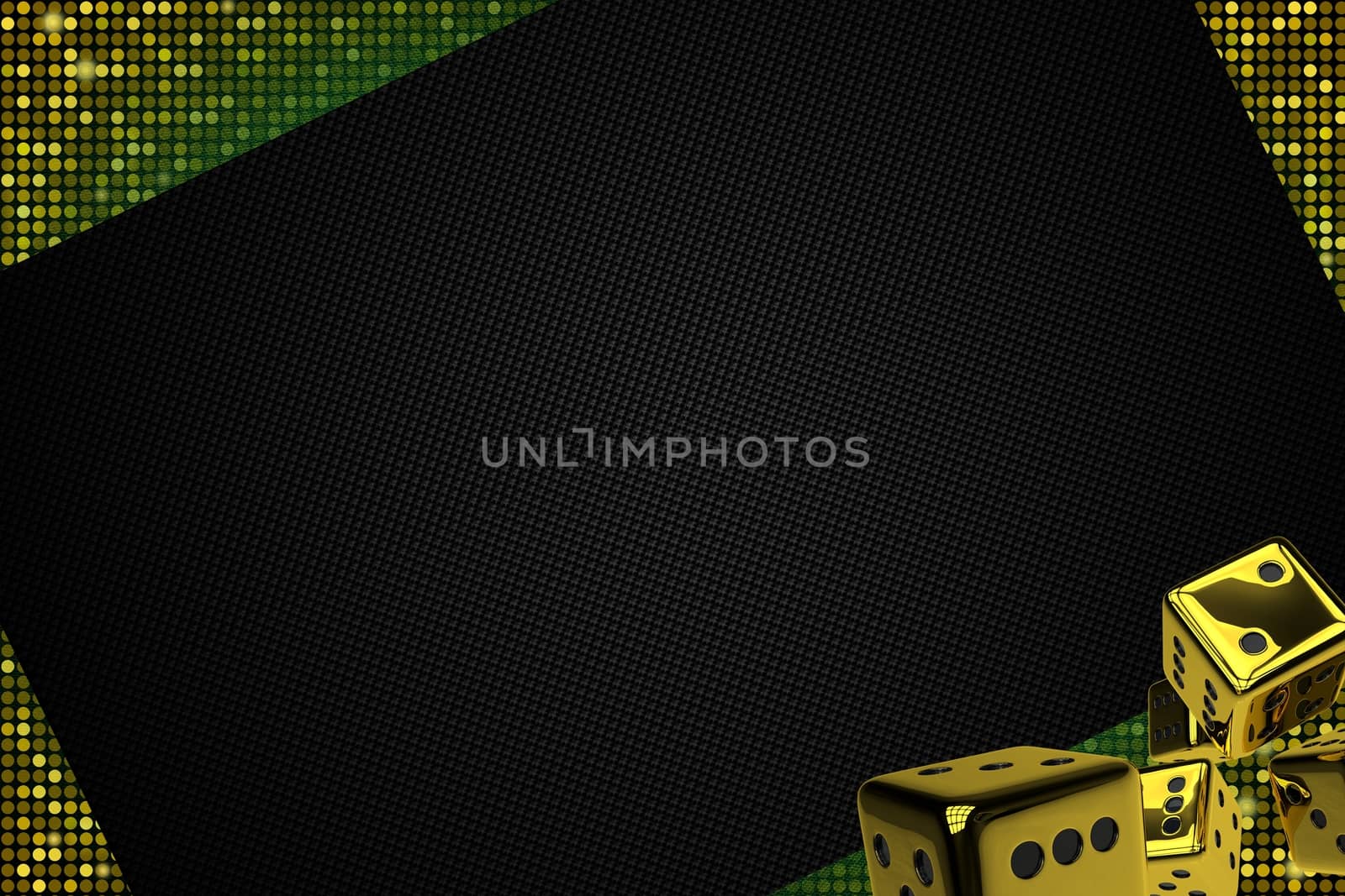 Golden Casino Dices Backdrop. Black Carbon Background with Golden Craps Dices. 3D Render Illustration.