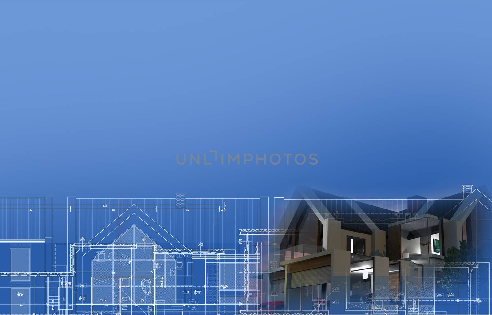 House Blueprint Copy Space. Architecture and Developing Background 3D Illustration.