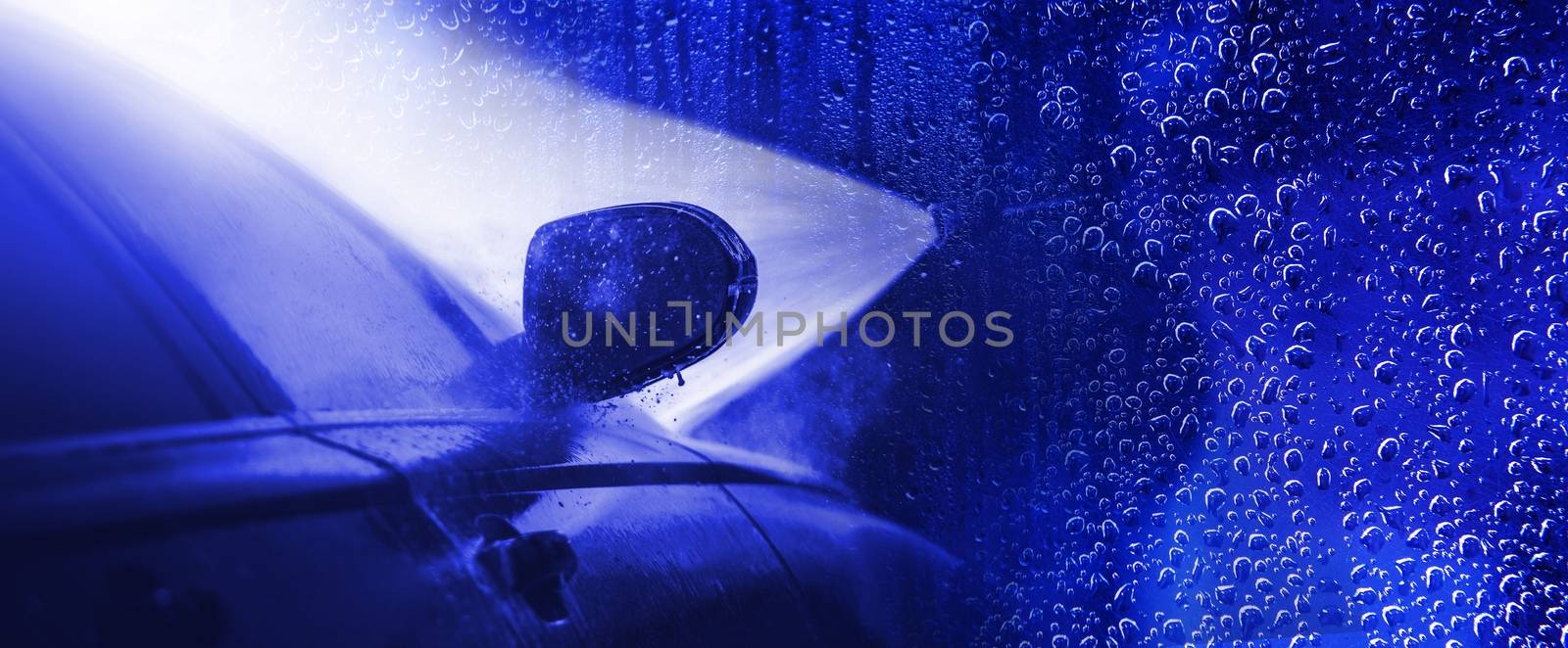 Car Wash Copy Space Background. Water Drops and Vehicle Washing Motive.