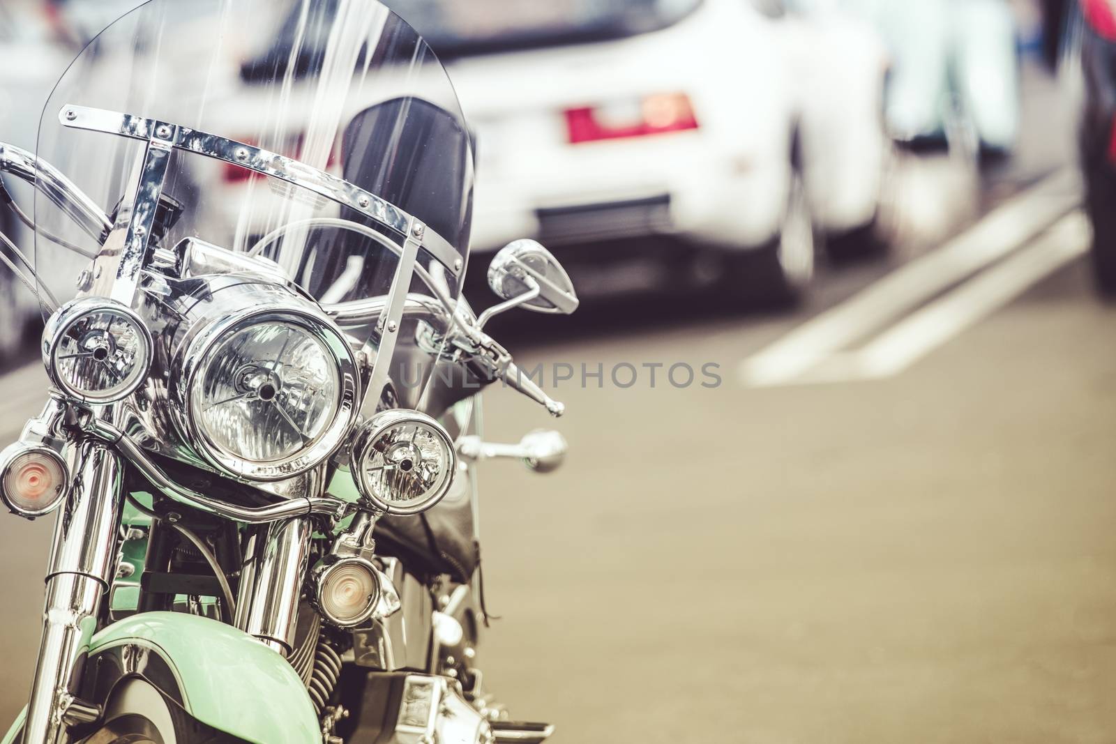 Classic Motorcycle on the Parking Spot. Closeup Photo.