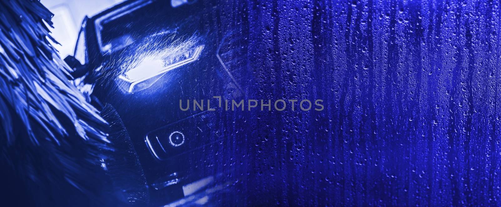 Washing Car Banner Background. Modern Vehicle in the Car Wash. Blue Color Grading. 