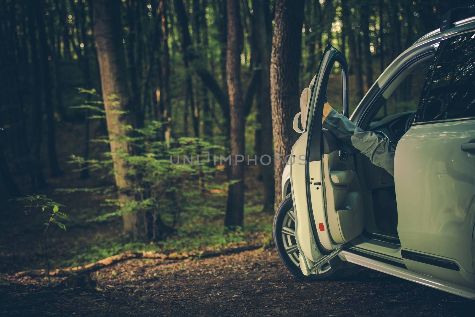 Businessman Relaxing in the Park Keeping Legs Out of the Car Window. Escape From the City Theme.