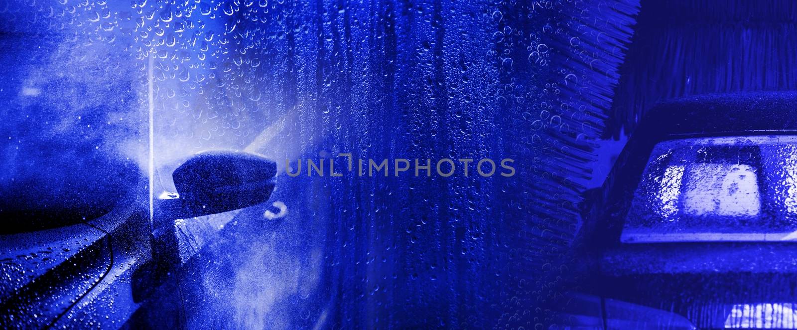 Car Washing Blue Banner Background with Water Drops. Conceptual Photo.