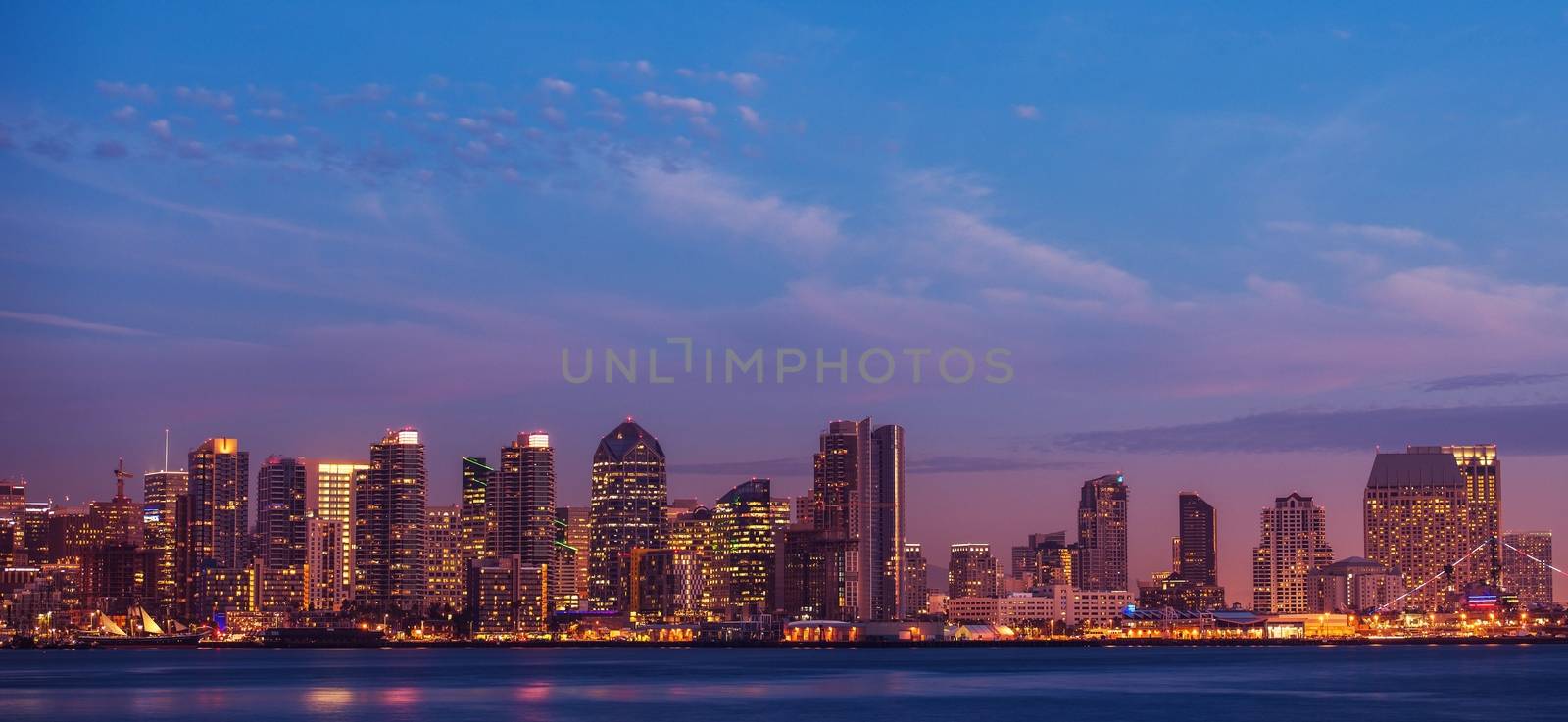 City of San Diego California. Dusk Skyline Panoramic Photo.