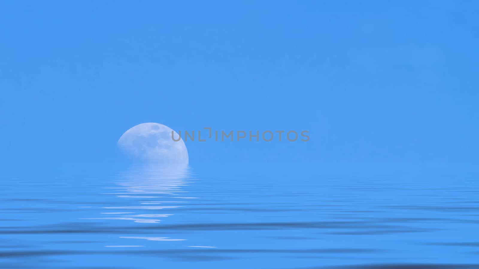 Moon over the blue wide sea with reflections