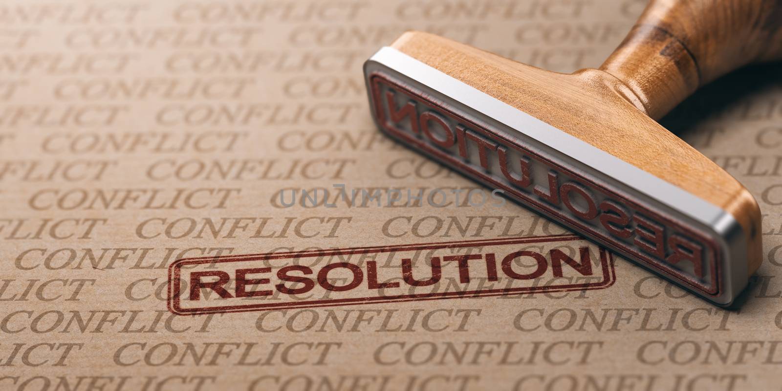 3D illustration of a rubber stamp over a paper background with many watermarks. Conflict resolution concept.