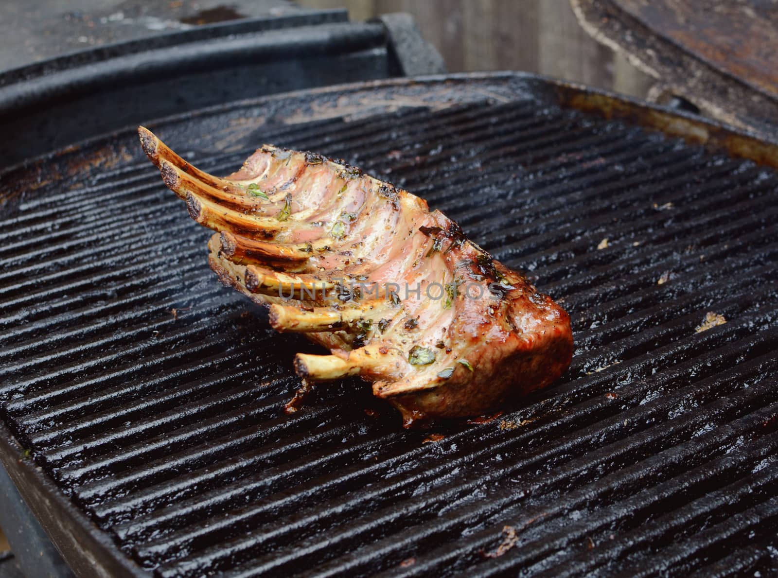 Grilled single rack of lamb on an outside grill; juicy meat still on the bone