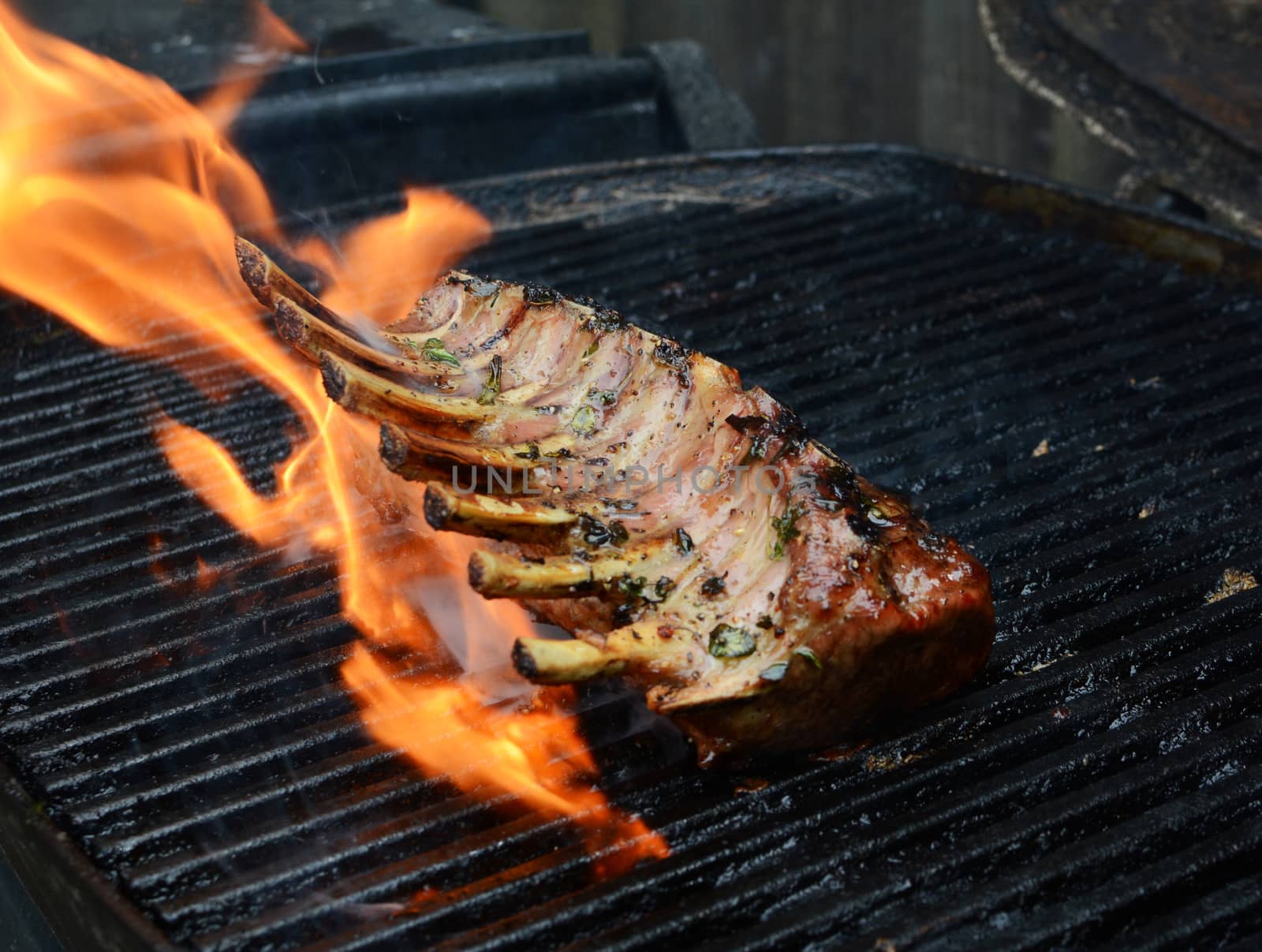 Large grilled rack of lamb over an open flame by sarahdoow