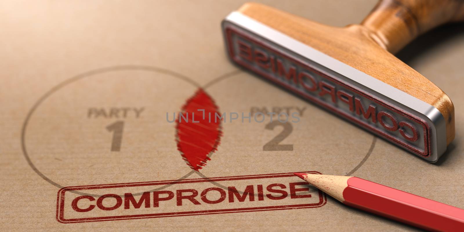 3D illustration of a rubber stamp with the word compromise printed on a brown paper with the text party one and two