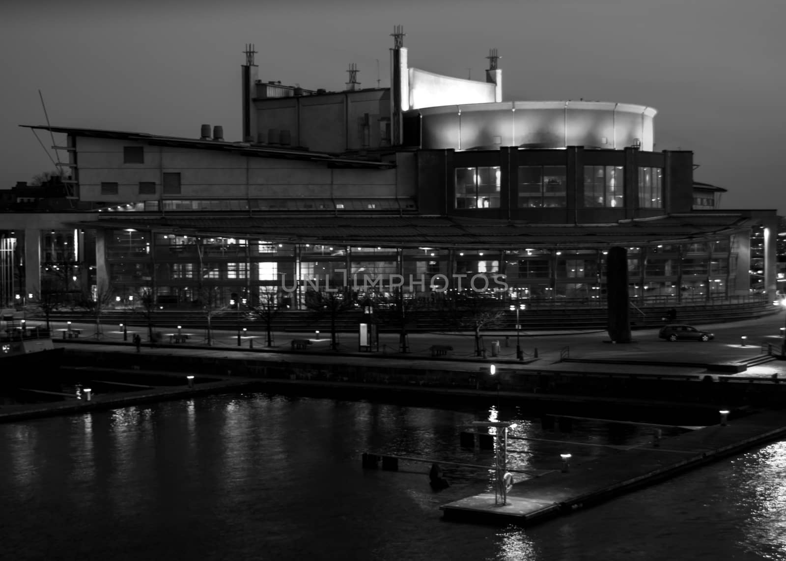 Black and white opera house by the water