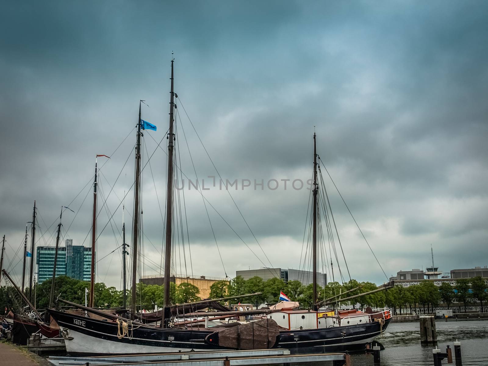 Harbor in Amsterdam, Netherlands with clouds on the sky