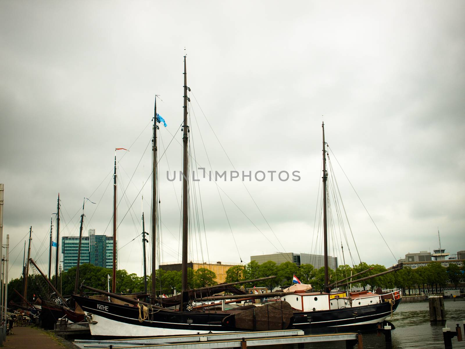 Harbor in Amsterdam, Netherlands with clouds on the sky