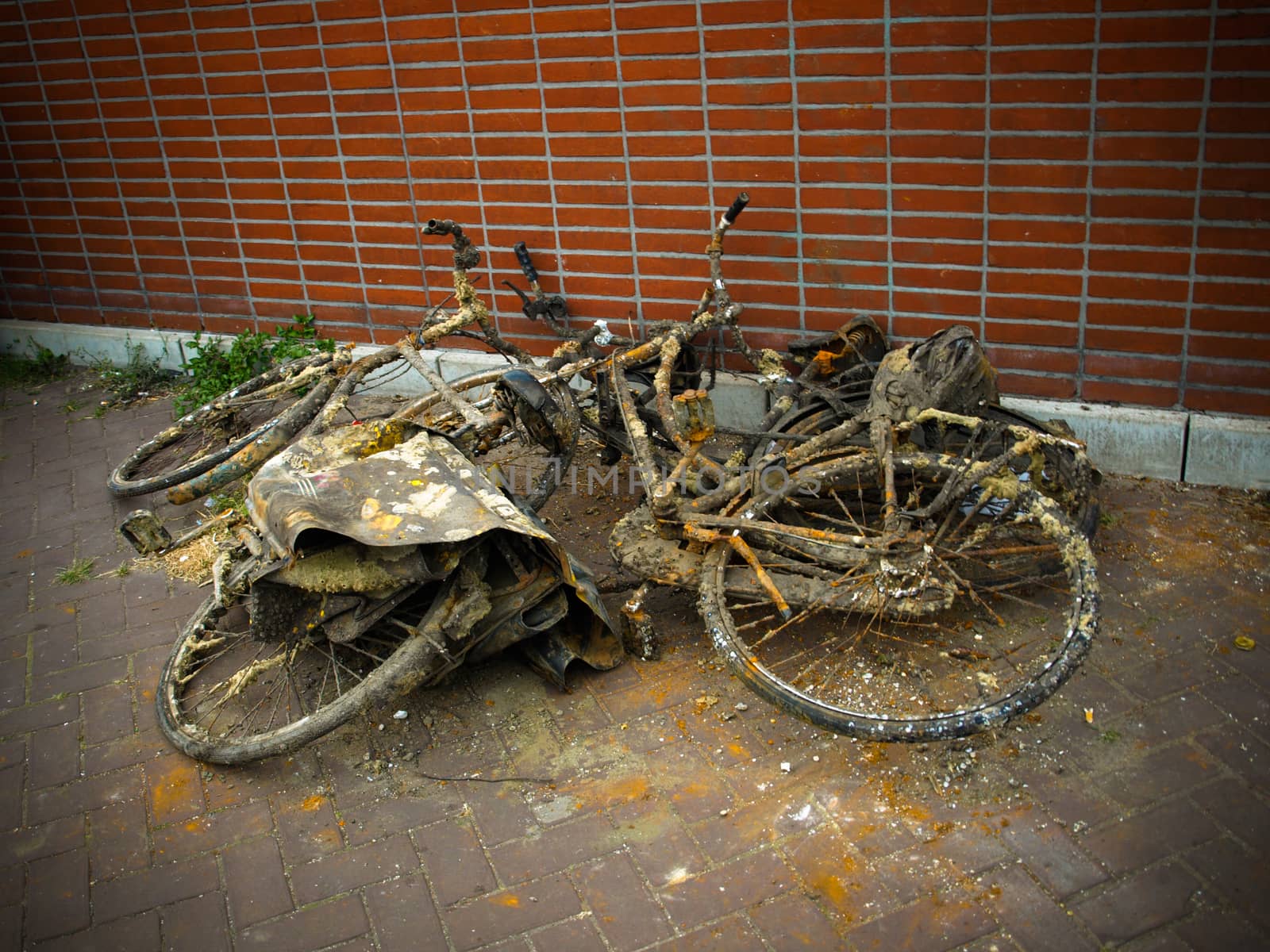 Bicycles pulled out of canal in Amsterdam. Old and rusty bikes piled up in street.